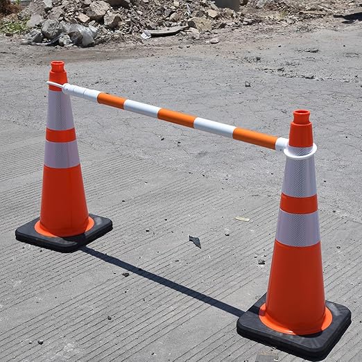 8-Pack Retractable Traffic Safety Cone Bar - 4Ft to 8.8Ft Expandable - PVC Extendable Barricade with Reflective Strips - for Road Construction, Parking-Cone Not Included