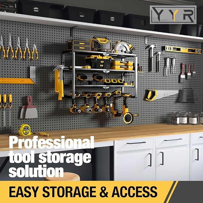 YYR 4 Layer Power Tool Organizer Wall Mount, Cordless Drill Hanger Storage Rack, Battery Tools Holder with Charging Station Shelf for Garage Organization, Workshop, Pegboard, Shed - 24 Inch 6 Slots