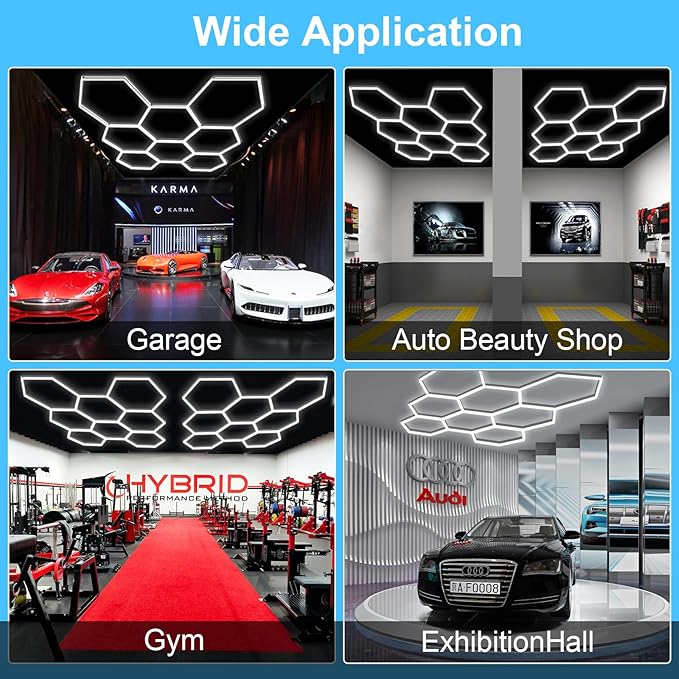 MODERN Hexagon Garage Light: Higher Brightness 38880 Lumens Honeycomb Garage Light, 8 Grid Systems 6500K, Hexagon Garage Grid Lighting for Garage, Gym, Car Detailing Shop etc.