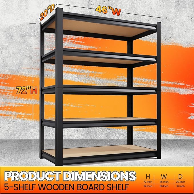 72" H*46'' Storage Shelves 2500lbs Garage Shelving Adjustable Heavy Duty Garage Shelves Easy To Install Metal Shelving Wood Shelving Unit Storage Shelf for Basement Warehouse Industrial Pantry, 2 Pack