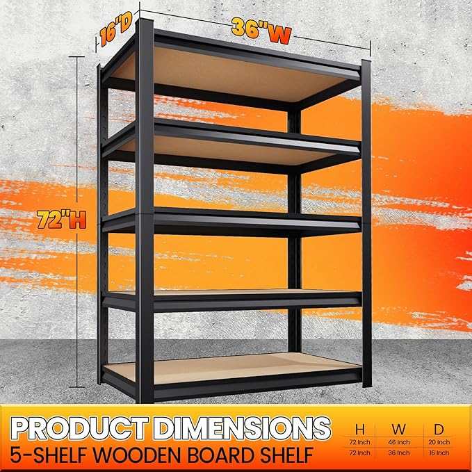 72" H*36'' Storage Shelves 2500lbs Garage Shelving, Adjustable Heavy Duty Garage Shelves, Easy to Install Metal Shelving Wood Shelving Unit, Storage Shelf for Basement Warehouse