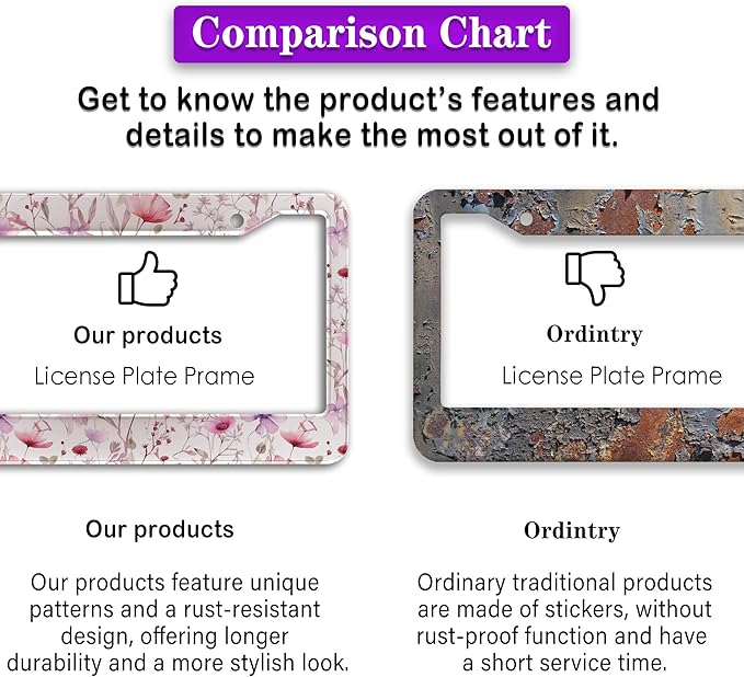 License Plate Frame Holder for Women Powder License Plate Frames for Men Pink Flower Aluminum Metal Car Accessory 2 Pack with Screw Covers Set