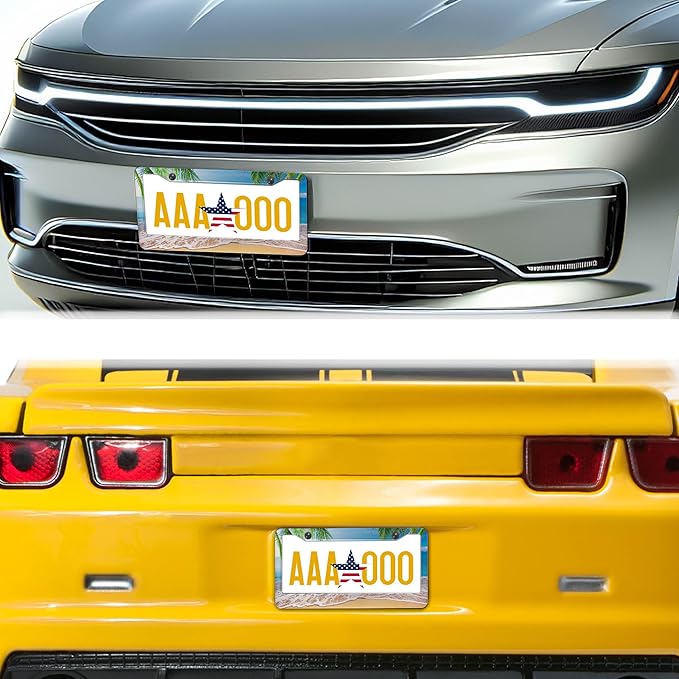 License Plate Frame Multicolor License Plate Holder Palm Trees with Tropical Ocean Beach Scene Aluminum Metal Car Accessory 2 Pack with Screw Covers Set
