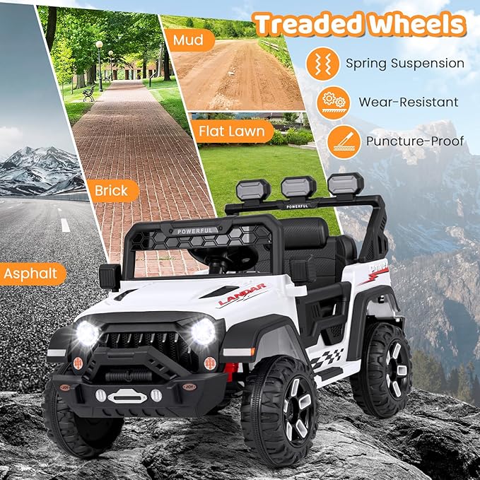 Costzon Kids Ride on Truck, 12V Electric Ride on Car with Remote Control, 3 Speed & Spring Suspension, Wireless Connection, USB, Music, Light, Kids Ride on Toys for Boys Girls (White)
