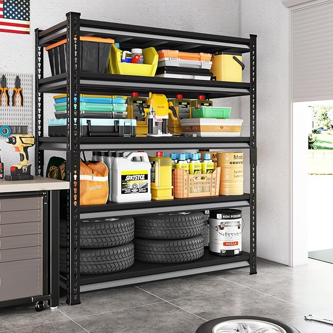 48" W Garage Shelving Heavy Duty, 2800LBS Loads Adjustable Garage Storage Shelves, 5-Tier Metal Shelving Units and Storage Racks, Industrial Utility Shelf,48" Wx18 Dx78 H, Black