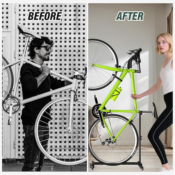 Vertical Bike Stand, Upright Bike Parking Rack Floor, Adjustable Bicycle Storage for Wheels Sizes up to 29", Freestanding Bicycle Organizer with Swivel Casters, Indoor Bike Holder for Garage Apartment