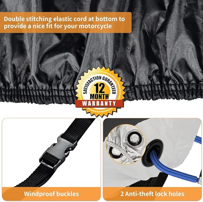 Motorcycle Cover Waterproof Outdoor, Coverado All Weather Protection Motorbike Cover with Lockholes and Night Reflector, Universal Fit for Harley Davidsion Yamaha Honda Suzuki etc (up to 111" Motors)