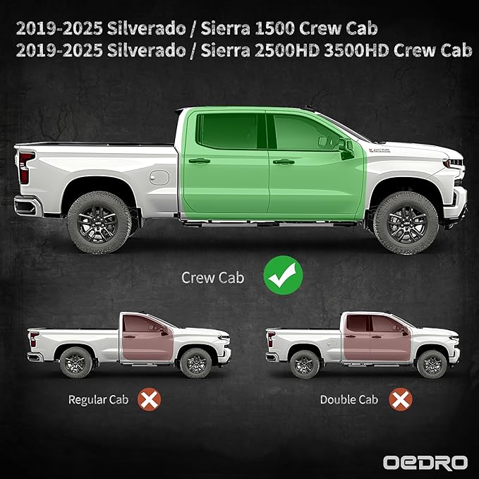 OEDRO Running Boards Compatible with 2019-2025 Chevy Silverado/GMC Sierra 1500, 2020-2025 2500HD 3500HD Crew Cab(Excl. 2019 1500 LD/Limited), Bolt-on Side Steps Steel Nerf Bars