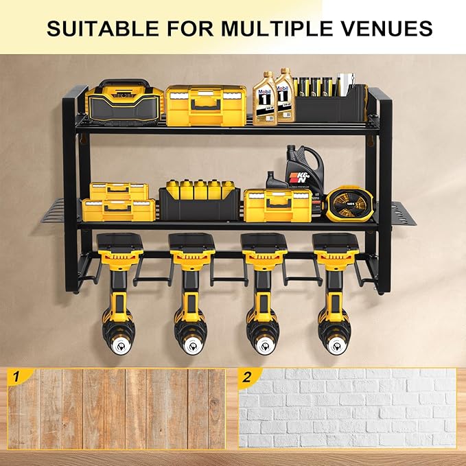 Power Tool Organizer Wall Mount, 2 Pack 3 Layers Garage Wall Shelving, 8 Drill Holder Wall Mount, Cordless Tool Organizer, Garage Storage Rack with 4 Extension Cord Holder