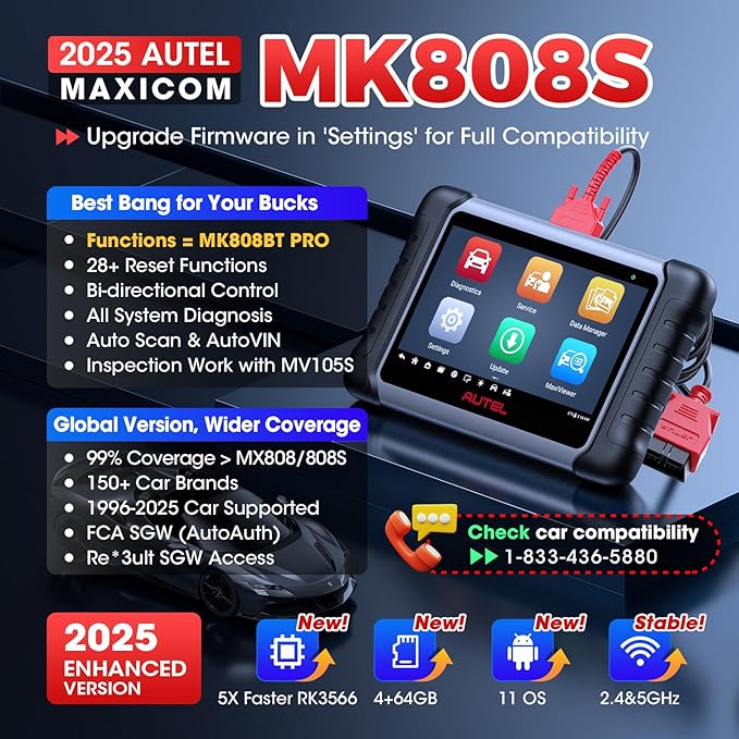 Autel Scanner MaxiCOM MK808S: 2025 Bidirectional Tool as MK808BT Pro MX808S M808Z, Work as MaxiCheck MX900 MK900BT, 28+ Service, Active Test, All System Diagnose, Injector Coding, FCA Autoauth OS 11