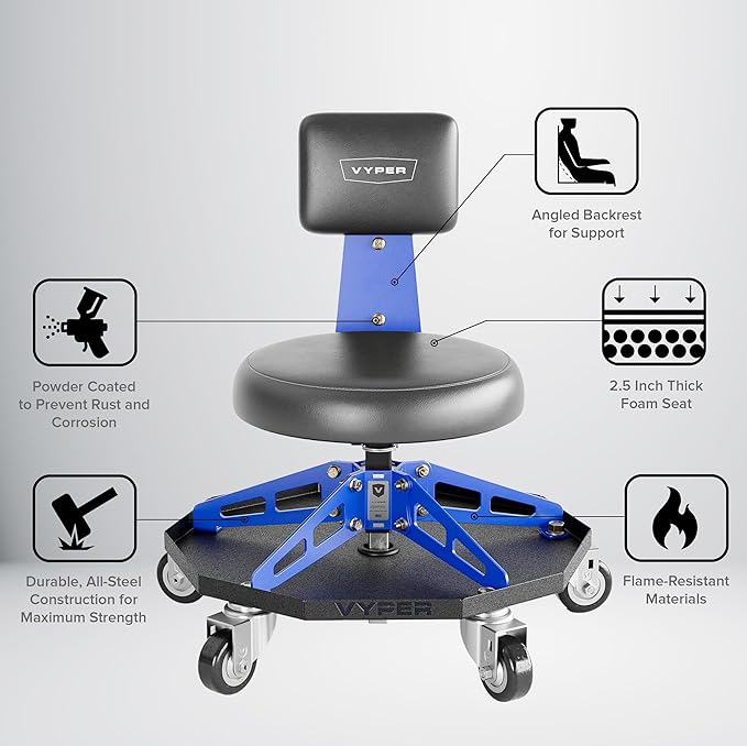 Vyper Robust Steel Sport Shop Chair for Mechanics, Automotive, DIY - 300 lb Capacity Garage Stool with Backrest & Large Wheels (Black Seat, Blue Frame)