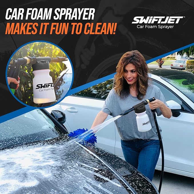 SwiftJet Car Wash Foam Sprayer Gun with Microfiber Wash Mit - Adjustable Water Pressure & Soap Ratio Dial - Foam Cannon Attaches to Any Garden Hose (Foam Sprayer with Wash Mit (Black))