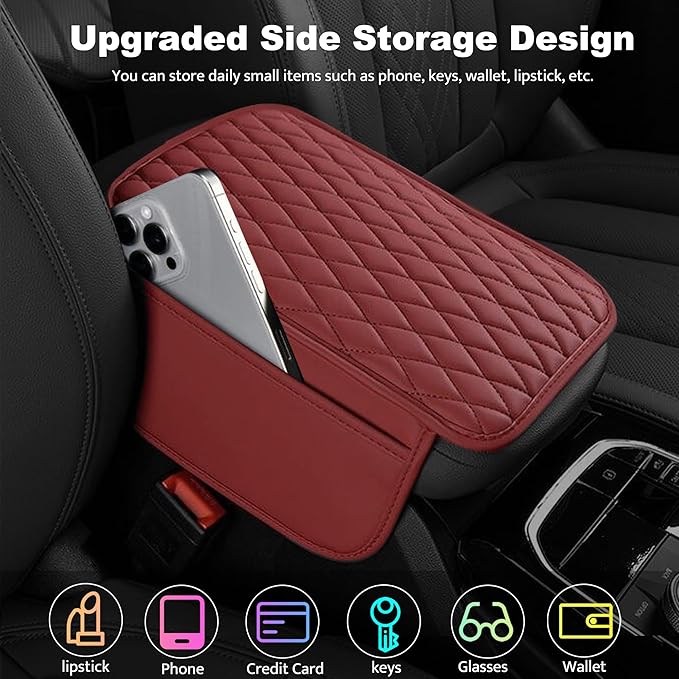 Car Center Console Cover, Upgraded Leather Armrest Seat Box Cover with 2 Storage Bags, Universal Waterproof Car Armrest Cover Cushion Comfortable Car Decor Accessories for Most Vehicles (Red)