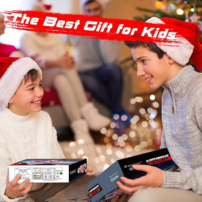 ZIZZ Amphibious Remote Control Car: 4WD Waterproof RC Car 2.4 GHz Remote Control Boat for Kid, Spider Double Sided 360° Rotating RC Stunt with LED Light, Boy Girl Gift All Terrain Water Beach Pool Toy