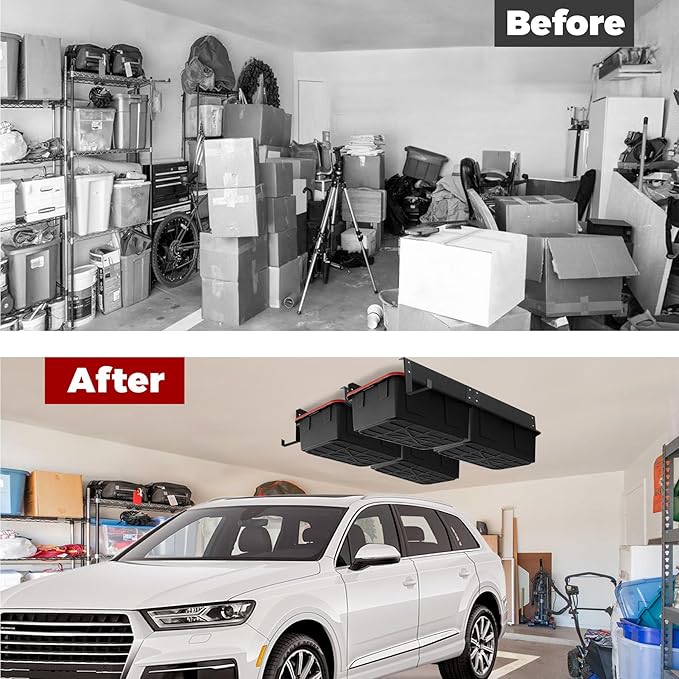 Overhead Garage Storage Rack System – Heavy-Duty Adjustable Ceiling Rails for Totes, Fits Most Storage Bins (8 Sets Hold 4 Bins Each)