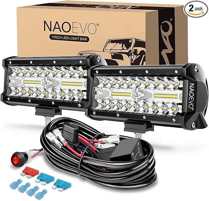 NAOEVO 7 Inch LED Light Bar, 240W 24,000LM Offroad Fog/Driving Lights LED Pods with 2 Leads Wiring Harness Kit, Spot Flood Combo Beam, Work for Truck Boat UTV ATV, 2-Pack (White)