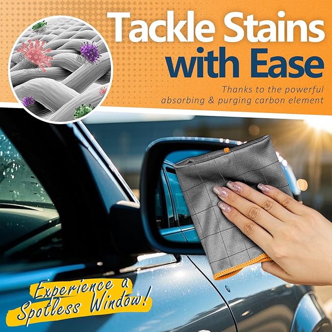 Airlab Carbon Microfiber Towels for Car Glass Window Polishing Cleaning Cloth Auto Detailing Lint Free Streak Free Drying Car Wash Towel, Pack of 3, 12" x 12", Grey-Orange