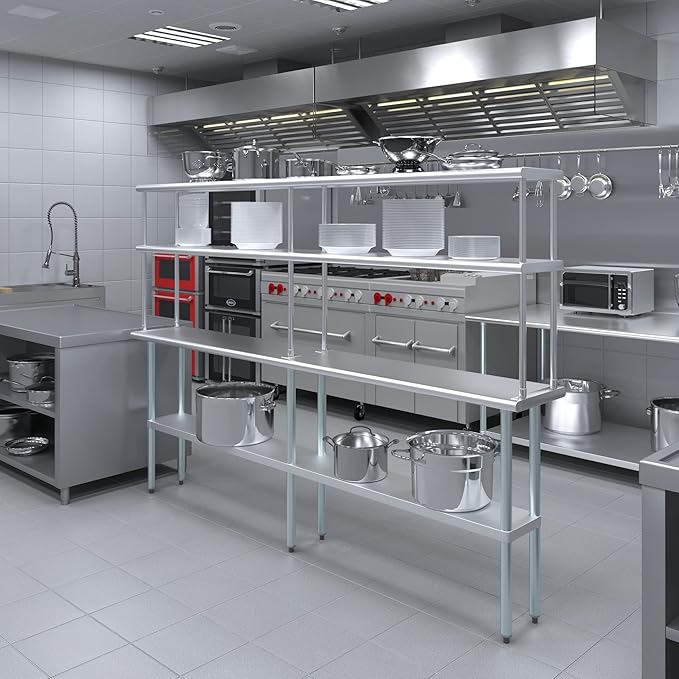 Amgood Stainless Steel Work Table Double Tier Overshelf | Metal Kitchen Prep Table & Shelving Combo | NSF (14" x 96" Work Table + 12" Overshelf)