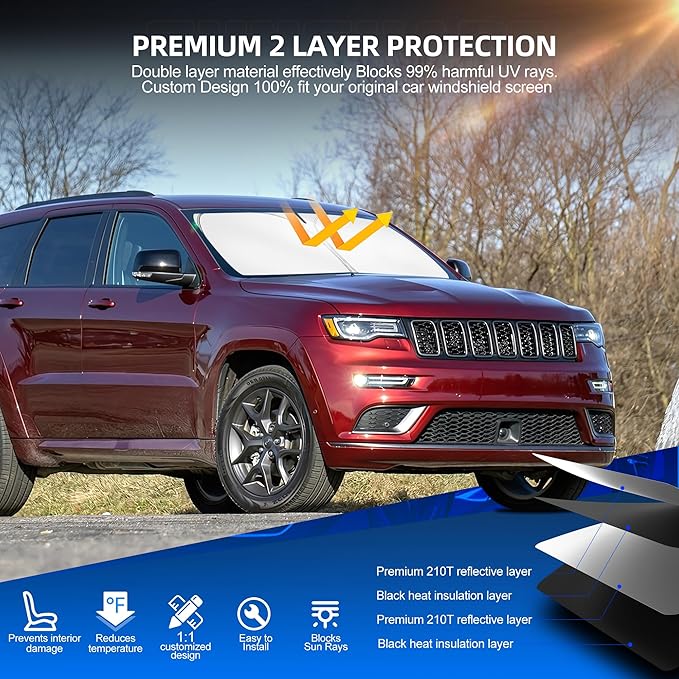 Windshield Sun Shade for Jeep Grand Cherokee 2011-2021 Foldable Sunshade Custom Fit Front Window Car Interior Accessories Protector Blocks UV Rays