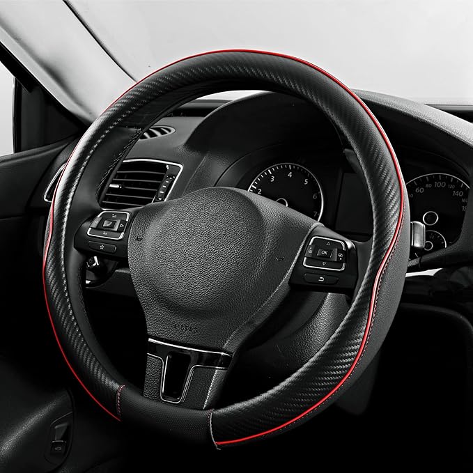 PIC AUTO Steering Wheel Cover, Red Piping Leather, Sports Carbon Fiber and Super Breathable Leather, Universal 14.5-15.5 Inch Anti-Slip Steering Wheels Accessories for Men & Women