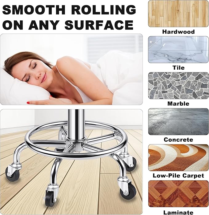 Rolling Stool, Stainless Steel Workbench Stool, Adjustable Swivel Stool Medical 5 Wheels, 304 Stainless Steel Structure Laboratory Round Pad, Load Capacity 445 lbs (Silver)