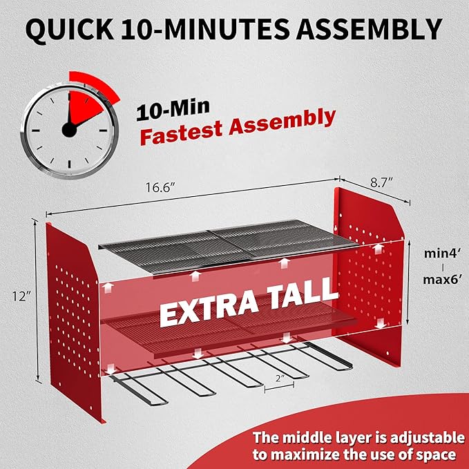Power Tool Organizer Wall Mount – Adjustable Shelf, Side-Mounted 4-Outlet Charging Station | Heavy Duty Steel Drill Holder with Pegboards, Hooks & Drill Bit Rack for Garage & Workshop Storage(Red)