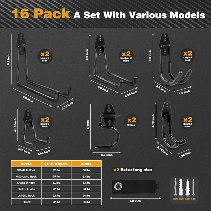 Steel Garage Storage Hooks, 16-Pack, Heavy Duty Wall Mount Hooks for Bike, Ladder, Garden Tools, Anti-Slip Coating