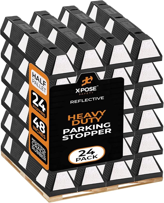 Xpose Safety 48" Heavy Duty Rubber Parking Stopper – Bulk Half Pallet 24 Pack Wheel Blocks for Garage, Driveway, or Ramp – Car Bumper Stop with White Reflective Strips – Removable Floor Mount
