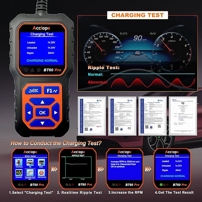 BT60 Pro Acclope Car Battery Tester with Cloud Printing 100-3000 CCA 6V 12V 24V AGM Lithium Gel Battery Checker Automotive Alternator Digital Analyzer Charging Cranking System Vehicles Truck Home-use