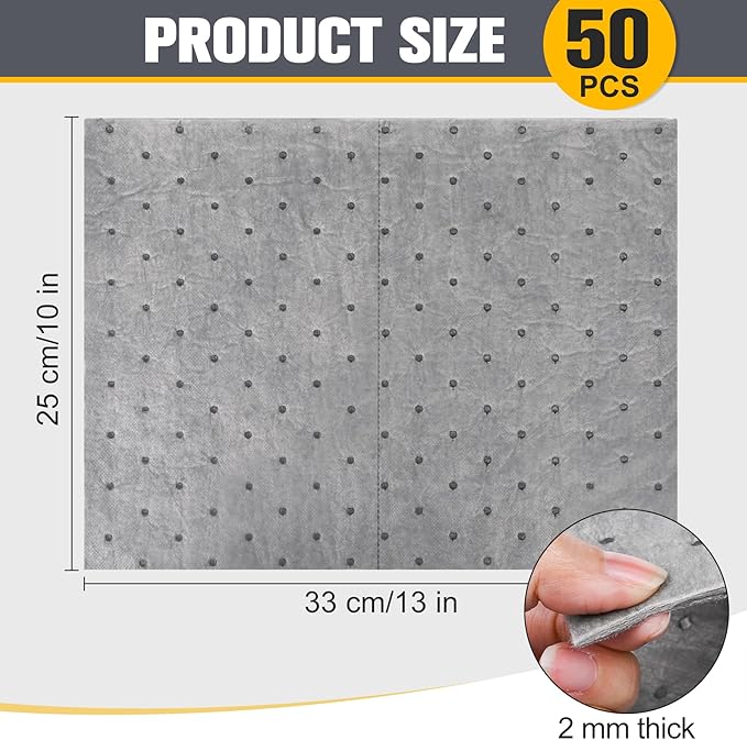 50PC Oil Absorbent Pads | 13"x10" Meltblown Polypropylene Mats, Hand-Tear Lines for Automotive & Workshop | Vacuum Eco-Packaging, Reusable Spill Control
