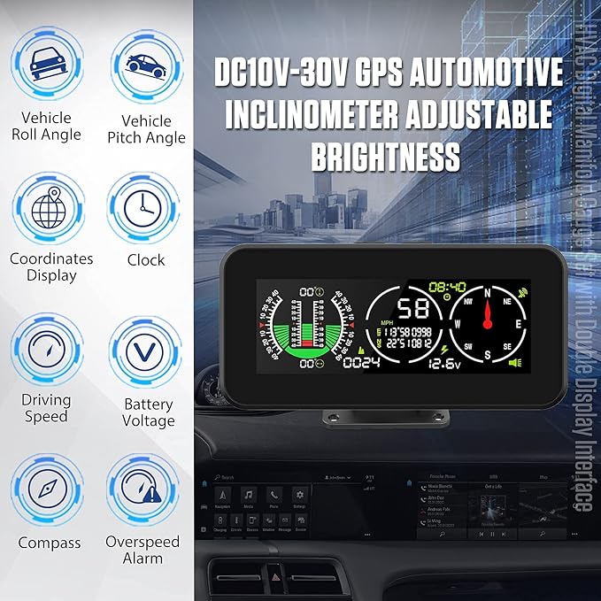 GPS Car Digital Inclinometer for Off Road Vehicles, Head Up Display DC 10-30v Multifunctional Vehicle Clinometer Digital Speedometer with Coordinate Display