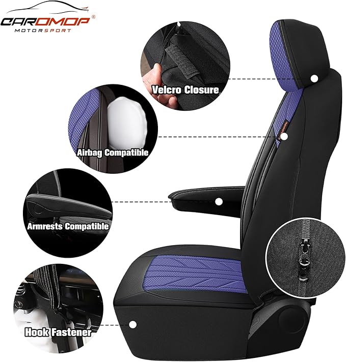 CAROMOP Luxury Faux Leather&Fabric Car Seat Covers 2 Front Seats with Breathable 3D Foam Back Support, Universal Seat Covers for Cars,Trucks,SUVs, Front Armrests Compatible(Black/Blue)