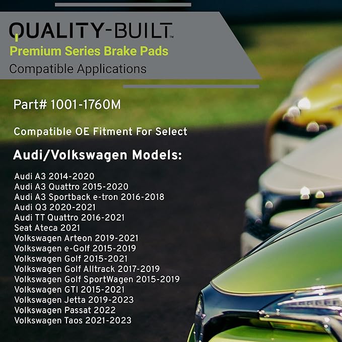Premium Semi-Metallic Front Brake Pads (1001-1760M) Compatible with 2014-2023 Audi/Seat/Volkswagen (A3/A3 Quattro/A3 Sportback e-tron/Golf/GTI/Jetta/Passat/Q3/Taos/TT Quattro & More)