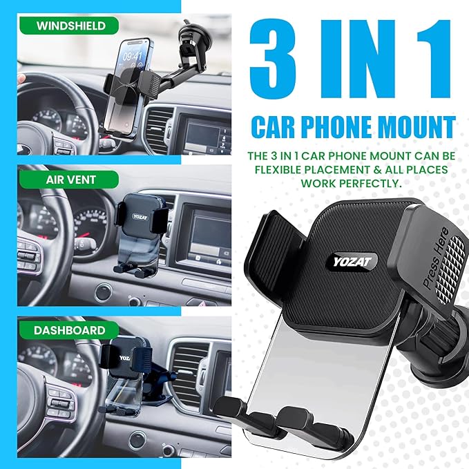 Car Phone Holder for Dashboard, Windshield, Air Vent - Universal Mount, Heavy Duty, Compatible with All Smartphones