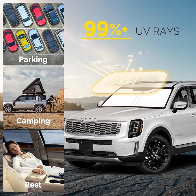 Car Windshield Sun Shade Compatible with 2020 2021 2022 2023 2024 2025 Kia Telluride Accessories Foldable Front Window Sunshade Custom Windshield Cover Sun Visor