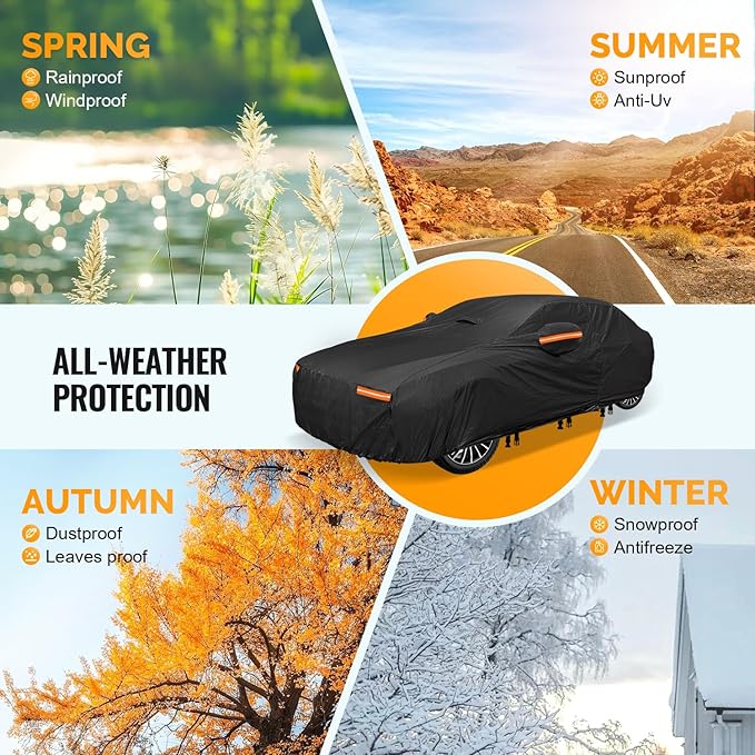 30 Layers Car Cover for Automobiles All Weather Waterproof, Outdoor Snowproof UV Protection Windproof, Door Zipper, Soft Cotton, Heavy Duty Universal Car Covers, (Black, Fit Sedans 191"-200")