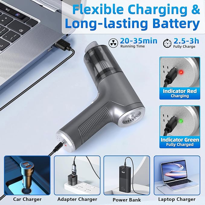 Handheld Car Vacuum Cleaner Cordless, High-Power Brushless 20000PA Mini Hand Held Vacuum Cleaner with 8 Multi-Functional Nozzle & 2 Replaceable Filters, Portable Car Vacuum for Office Pet Hair