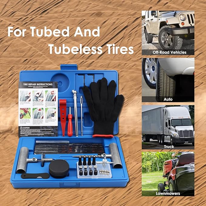 Tyre Repair Kit, 63pcs Heavy Duty Tire Plug, Universal Repair Tool Kit to Fix Punctures and Plug Flats Tire Patch for Car, Motorcycle, Truck, Tractor, Trailer, ARB, ATV, RV, SUV