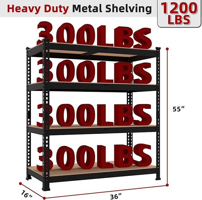 4 Packs 36" W x 16" D x 55" H Adjustable Garage Storage Shelves - 4-Shelf Heavy Duty Shelving Unit, Metal Utility Storage Organizer Racks for Warehouse Pantry Closet Kitchen, Black