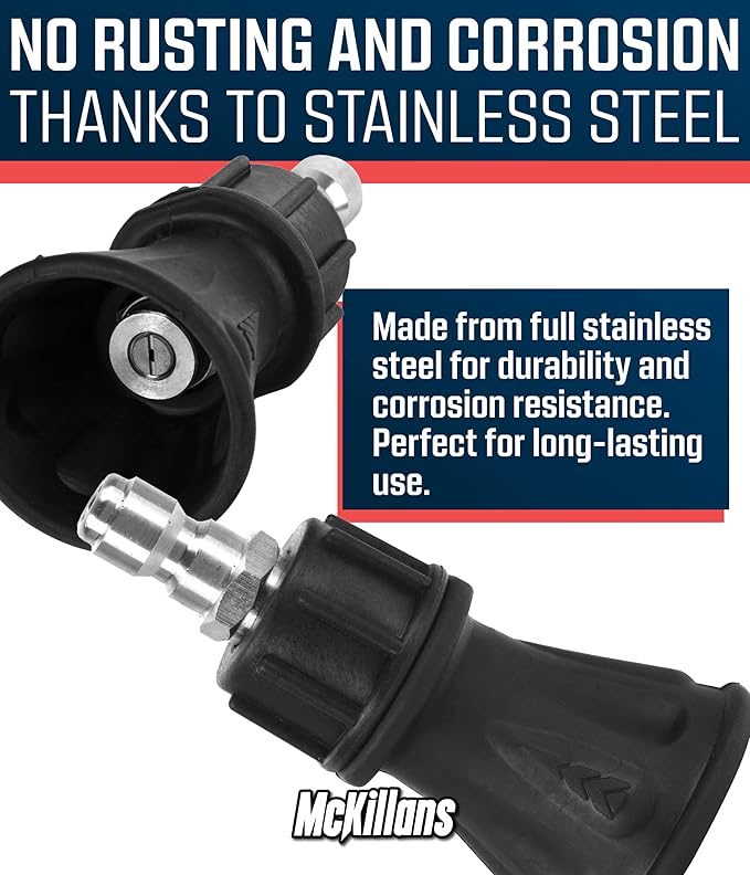 McKillans 40 Degree Pressure Washer Nozzle - Stainless Steel, High-Efficiency Cleaning, Durable Nozzle Guard with Rubberized Protection (4.0 Orifice)