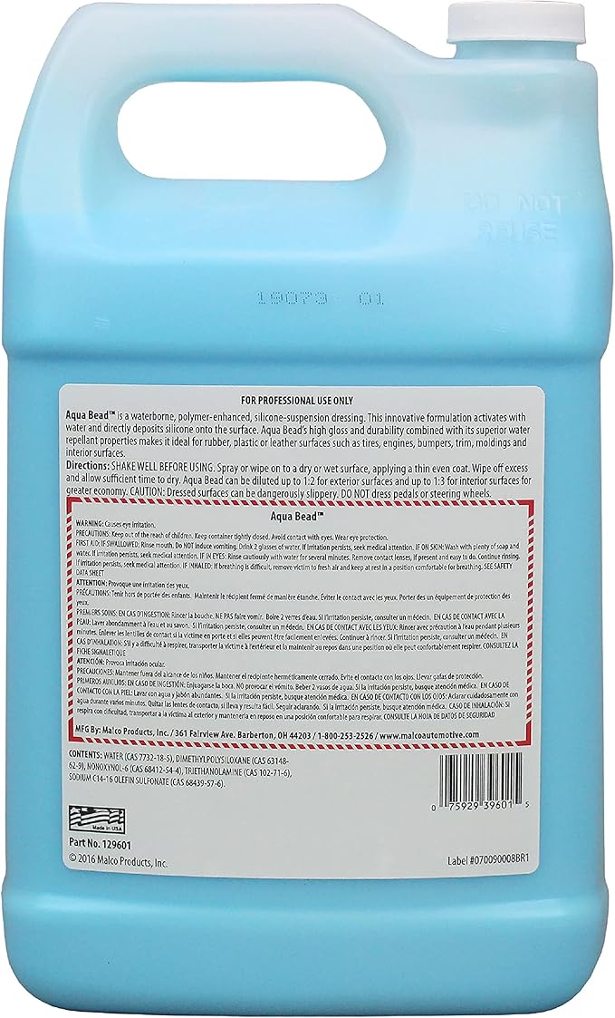 Malco Aqua Bead Water Based Dressing - Non-Greasy Interior and Exterior Dressing/Shines Car Tires, Rubber, Plastic and Trim/Concentrated Formula, Dilutable for Variable Gloss / 1 Gallon (129601)