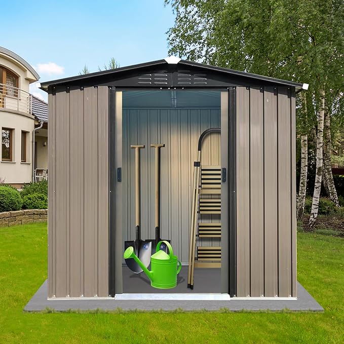 4 x 6 FT Metal Garden Shed, Outdoor Storage Shed with Sliding Doors, Rust-Resistant Steel Construction for Tools, Hobbies & Workshop Use, Brown
