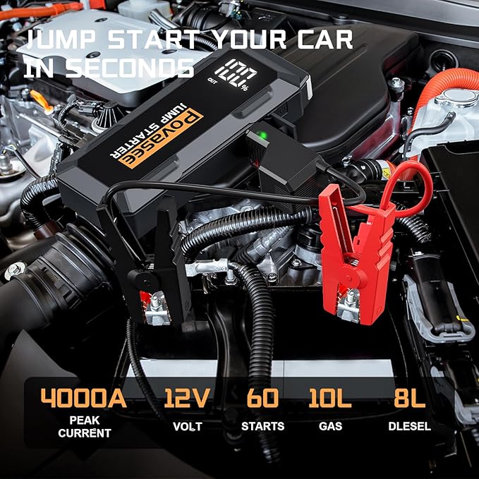 4000A Jump Starter 12V Battery Jumper Starter(10L Gas 10L Diesel Engine),Car Battery Jump Starter with 3" LCD Display, Power Bank/Dual Output/LED Light