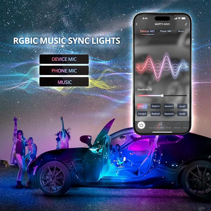 OPT7 Aura DreamColor RGB-IC Car Interior Ambient Light, 6PC Single Row LED Strips, Color Chasing Light Kit w/APP & Remote Control, Universal for Vehicles SUV Truck Pickup Van