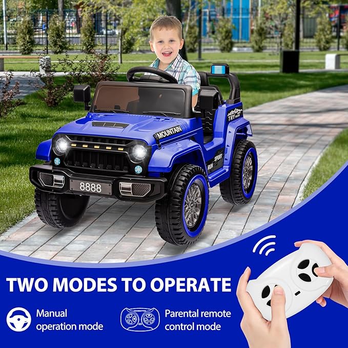 12V Kids Ride On Truck Car, Battery Powered Electric Vehicles with Remote Control, Spring Suspensions, 3 Speeds, LED Lights, Music, MP3, Ride On Toy Car for Children Toddles Boys Girls, Dark Blue
