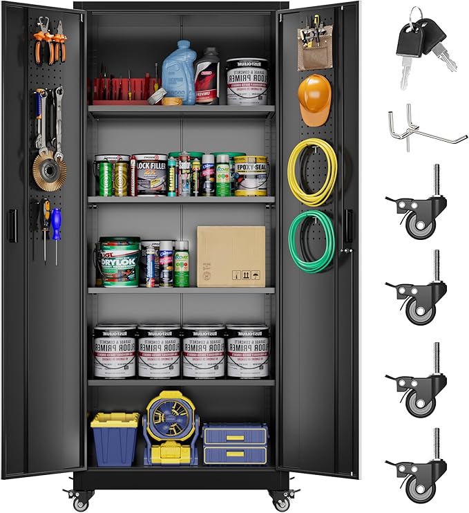 Garage Storage Cabinet with with Pegboard and Wheels,73" Metal Lockable File Cabinet with 2 Doors and 4 Adjustable Shelves,Tool Storage,Home Office Garage,Gym,School (Black)