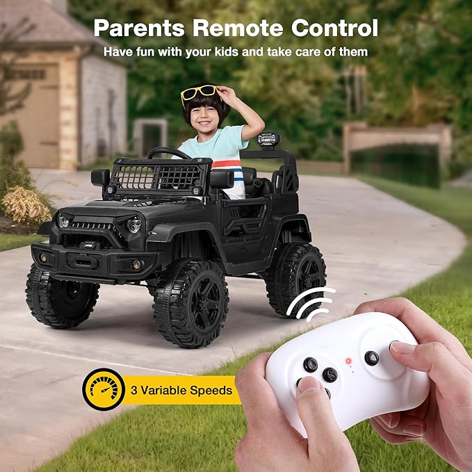 12V Ride On Truck for Kids, Electric Cars for Toddlers w/Remote Control, Soft Start, LED Lights, Horn, Radio, USB/AUX/MP3, Battery Powered Cars for Kids to Drive (Black)