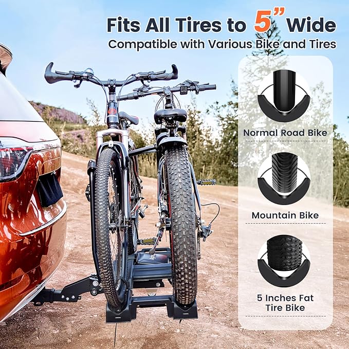 2-Bike Hitch Bike Rack with Ramp - 200 LBS Capacity Fat Tire Ebike Rack, XXL Wheel Straps, Lockable, Foldable & Tiltable - Fits 2" Receivers on Cars, SUVs, Trucks, Trailers - No Installation Needed