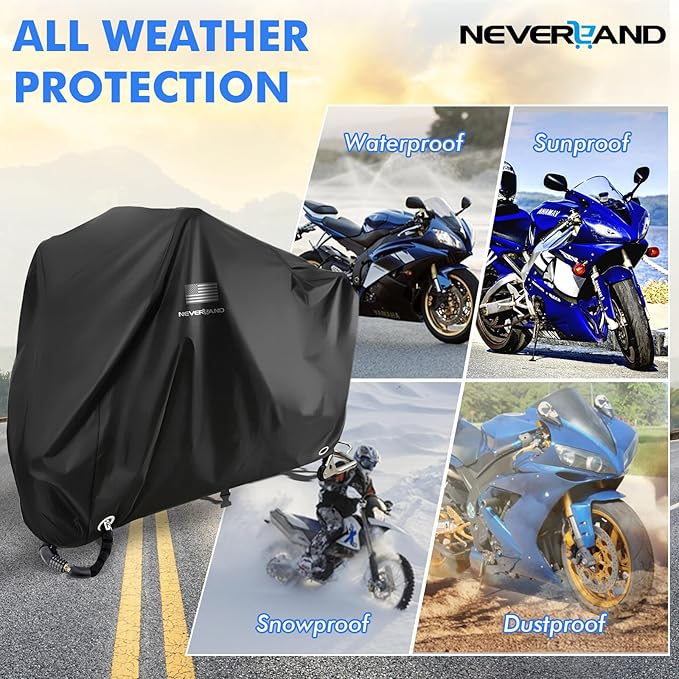 NEVERLAND Motorcycle Cover Waterproof Outdoor - Black Heavy Duty Scooter Cover, Motorbike Cover with Refletive Logo, Lock-Hole, Bandage, Storage Bag-Protect Against Dust, Debris, Rain (XXXL)