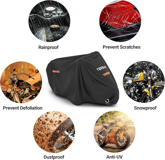 Favoto Motorcycle Cover All Season Universal Sturdy Material Waterproof Sun Outdoor Protection with Night Reflective Stripe Lock-Holes & Storage Bag Fits up to 86.6" Motorcycles Vehicle Cover